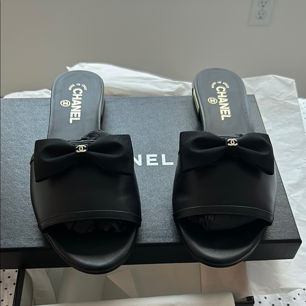 Chanel Black Bow Slide Sandals